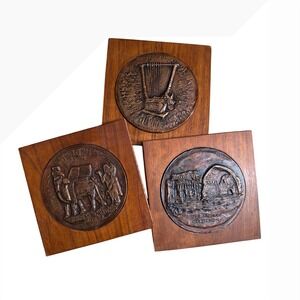 Vintage Iraqi Copper Relief Wood Plaques Set 3 Nineveh Ctesiphon Lyre Brown Good